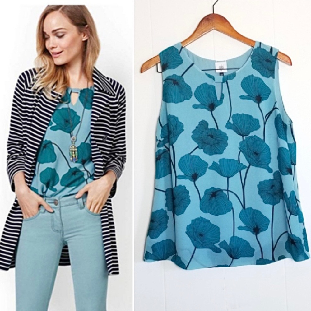 CAbi Shirt Poppy Floral Blouse Teal Top Medium